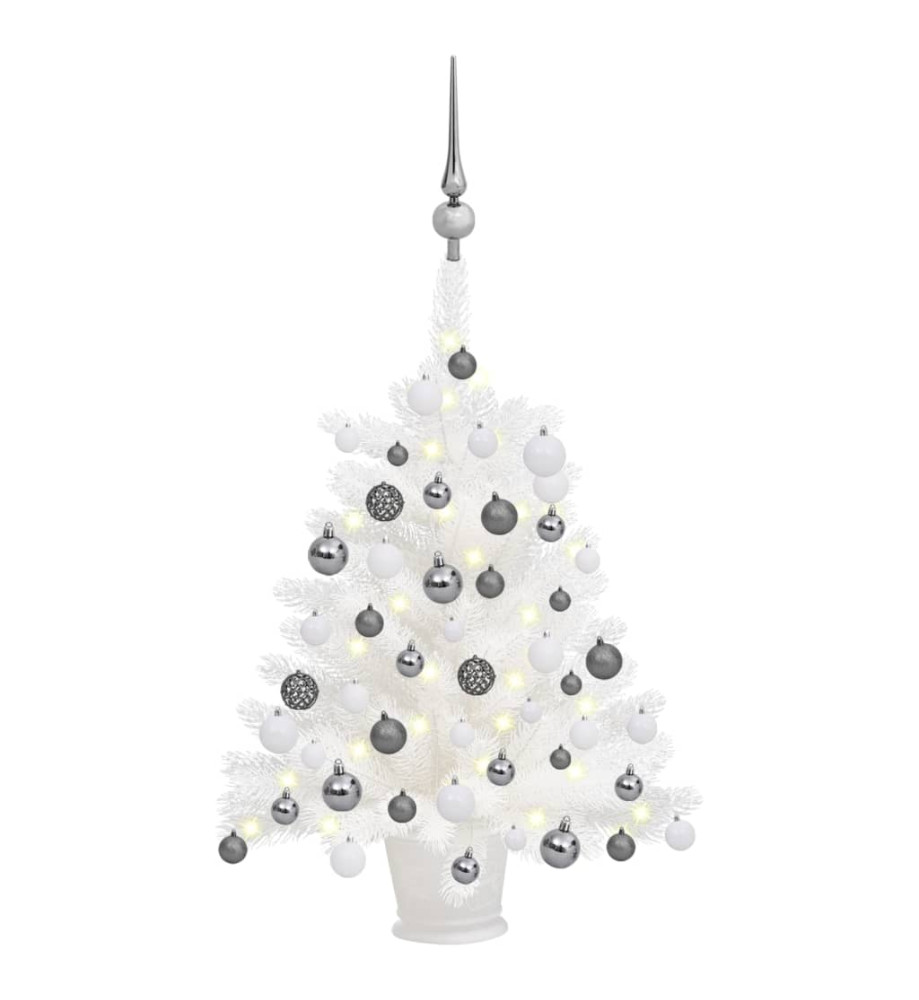 Arbre de Noël artificiel pré-éclairé et boules blanc 65 cm