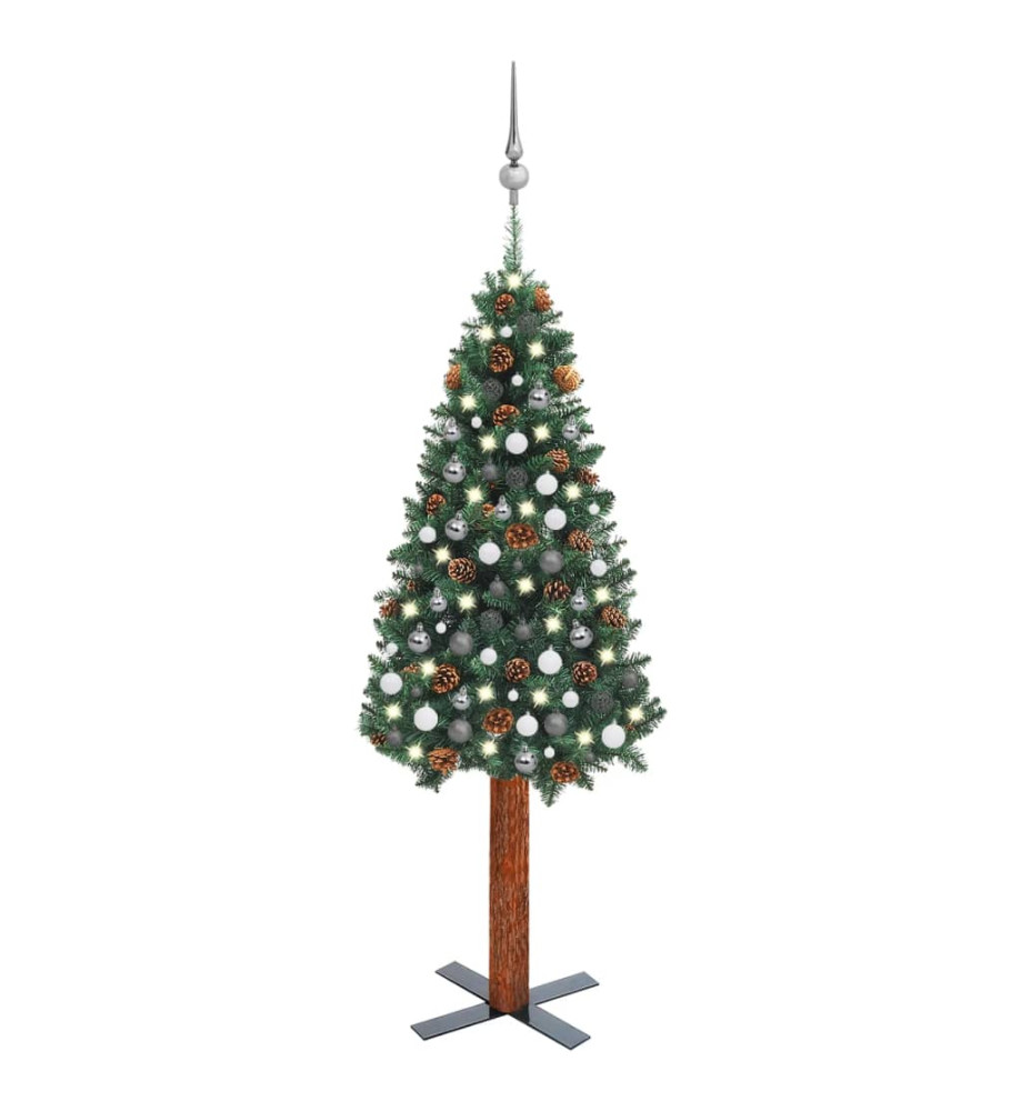 Sapin de Noël mince pré-éclairé et boules vert 210 cm PVC