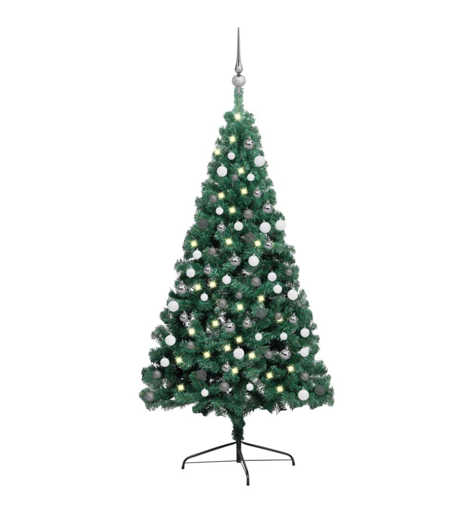 Demi-arbre de Noël artificiel pré-éclairé et boules vert 150 cm