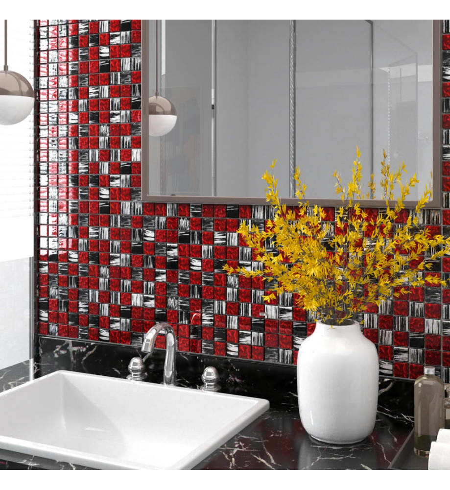 Carreaux mosaïque 11 pcs Noir et rouge 30x30 cm Verre