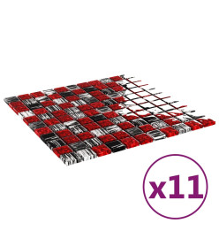 Carreaux mosaïque 11 pcs Noir et rouge 30x30 cm Verre