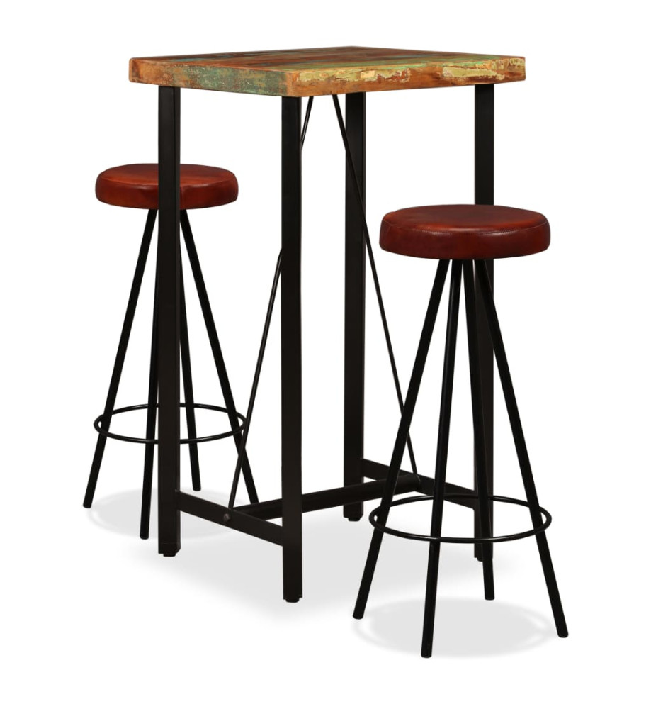 Ensemble de bar 3 pcs Bois massif recyclé et cuir véritable