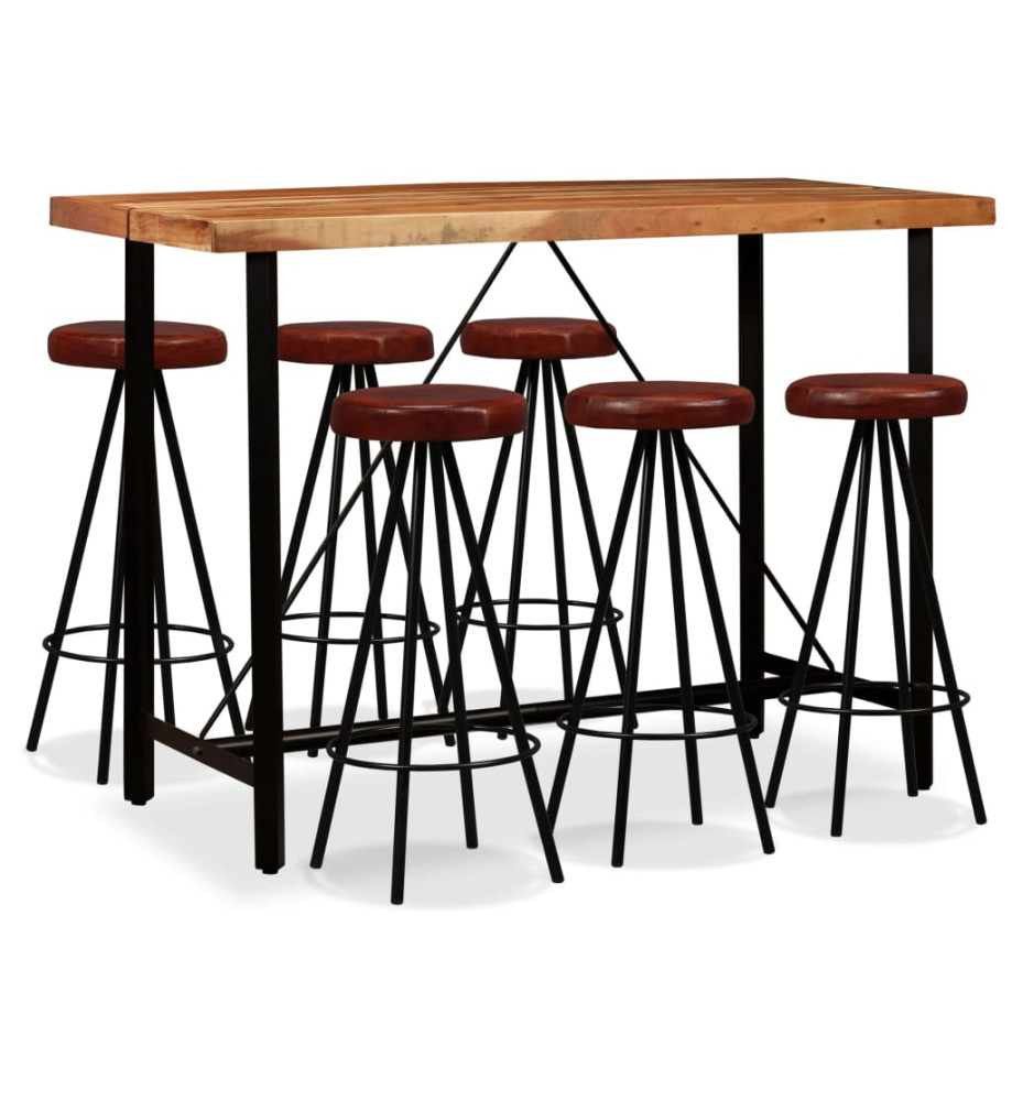 Ensemble de bar 7 pcs Bois d'acacia massif et cuir véritable