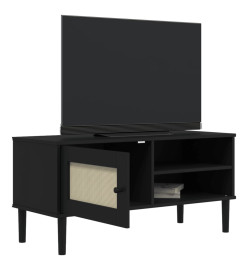 Meuble TV SENJA aspect rotin noir 106x40x49cm bois massif pin