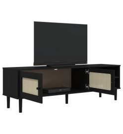 Meuble TV SENJA aspect rotin noir 158x40x49cm bois massif pin