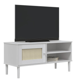 Meuble TV SENJA aspect rotin blanc 106x40x49cm bois massif pin