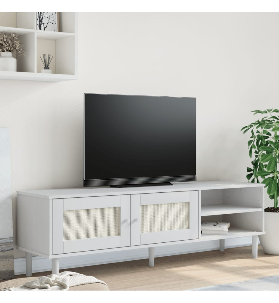 Meuble TV SENJA aspect rotin blanc 158x40x49cm bois massif pin