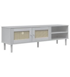 Meuble TV SENJA aspect rotin blanc 158x40x49cm bois massif pin