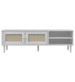 Meuble TV SENJA aspect rotin blanc 158x40x49cm bois massif pin