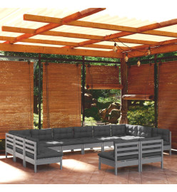 Salon de jardin 12 pcs avec coussins Gris Bois de pin massif