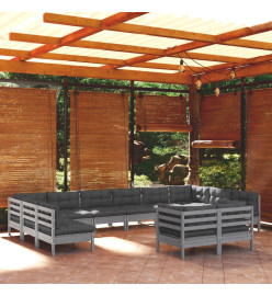 Salon de jardin 12 pcs avec coussins Gris Bois de pin massif