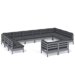 Salon de jardin 12 pcs avec coussins Gris Bois de pin massif