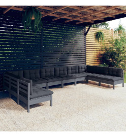Salon de jardin 10 pcs avec coussins Gris Bois de pin solide