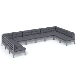 Salon de jardin 10 pcs avec coussins Gris Bois de pin solide