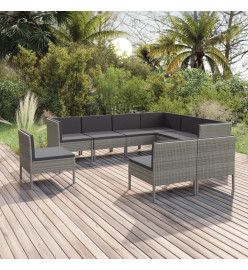 Salon de jardin 9 pcs avec coussins Résine tressée Gris