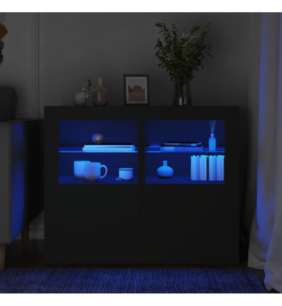 Armoires latérales et lumières LED 2 pcs noir bois d'ingénierie Armoires latérales et lumières LED 2 pcs noir bois d'ingénierie