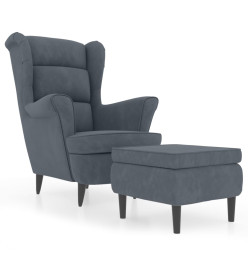 Fauteuil à oreilles avec tabouret gris foncé velours