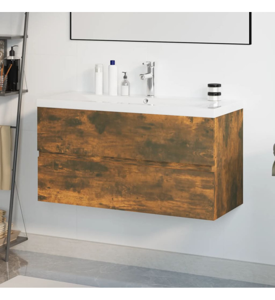Meuble lavabo avec bassin intégré Chêne fumé Bois d'ingénierie Meuble lavabo avec bassin intégré Chêne fumé Bois d'ingénierie