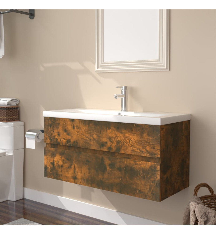 Meuble lavabo avec bassin intégré Chêne fumé Bois d'ingénierie Meuble lavabo avec bassin intégré Chêne fumé Bois d'ingénierie