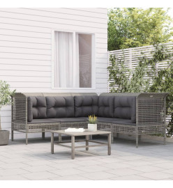 Salon de jardin 5 pcs avec coussins Gris Résine tressée