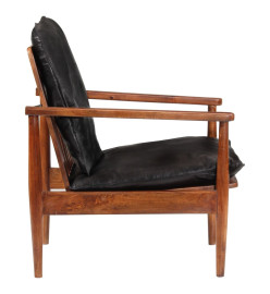 Fauteuil noir cuir véritable et bois d'acacia solide