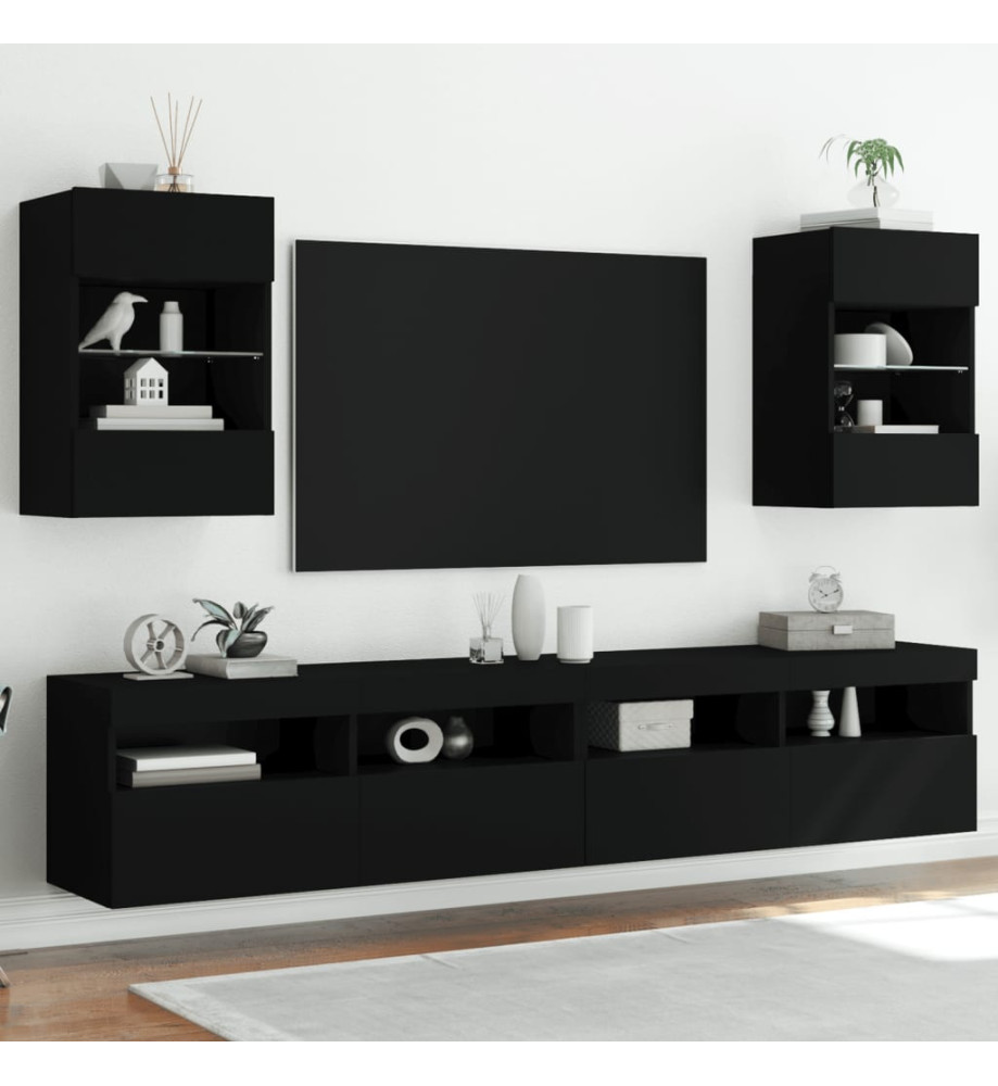 Meubles TV muraux avec lumières LED 2 pcs noir 40x30x60,5 cm