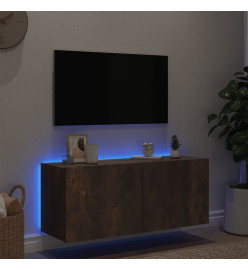 Meuble TV mural avec lumières LED chêne fumé 100x35x41 cm