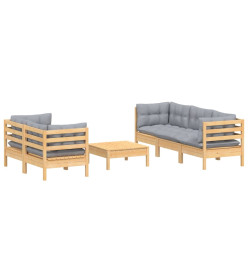 Salon de jardin 6 pcs avec coussins gris Bois de pin