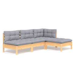 Salon de jardin 4 pcs avec coussins gris bois de pin
