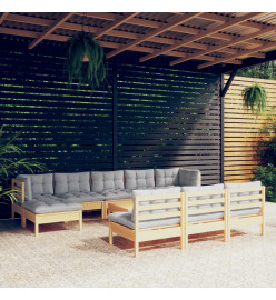 Salon de jardin 11 pcs avec coussins gris bois de pin