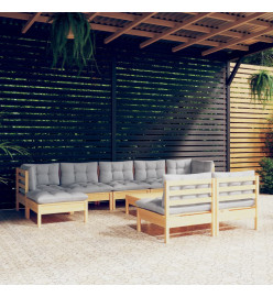 Salon de jardin 10 pcs avec coussins gris bois de pin