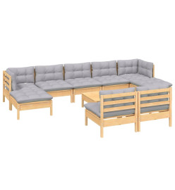 Salon de jardin 10 pcs avec coussins gris bois de pin