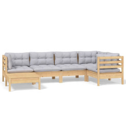 Salon de jardin 6 pcs avec coussins gris bois de pin massif
