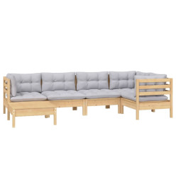 Salon de jardin 6 pcs avec coussins gris bois de pin massif