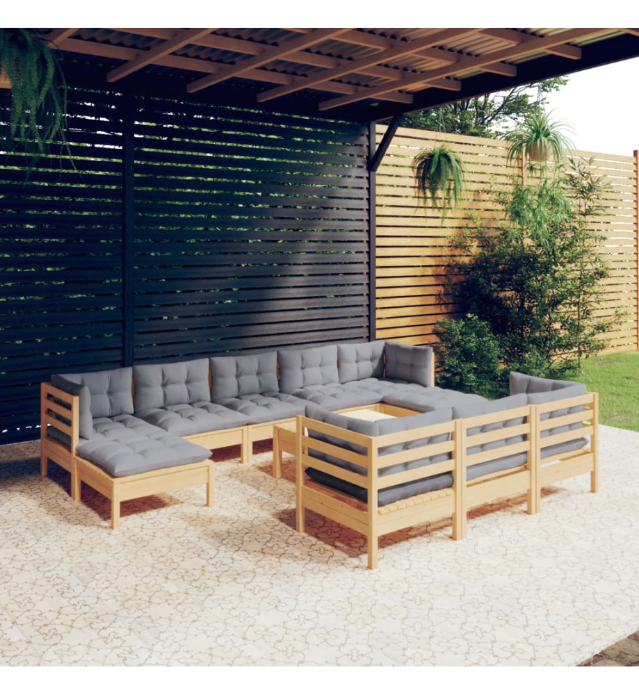 Salon de jardin 11 pcs avec coussins gris bois de pin massif Salon de jardin 11 pcs avec coussins gris bois de pin massif