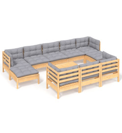 Salon de jardin 11 pcs avec coussins gris bois de pin massif