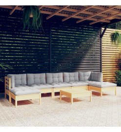 Salon de jardin 8 pcs avec coussins gris bois de pin