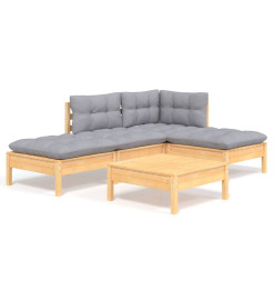 Salon de jardin 5 pcs avec coussins gris bois de pin