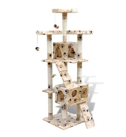 Arbre à chat 170 cm en beige avec motif d'empreinte de patte2 niches