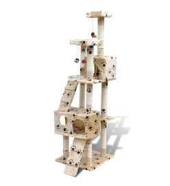 Arbre à chat 170 cm en beige avec motif d'empreinte de patte2 niches