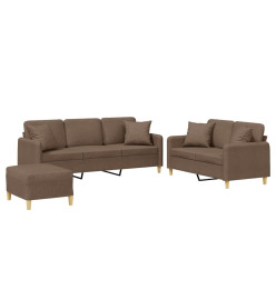 Ensemble de canapés 3 pcs avec coussins marron tissu