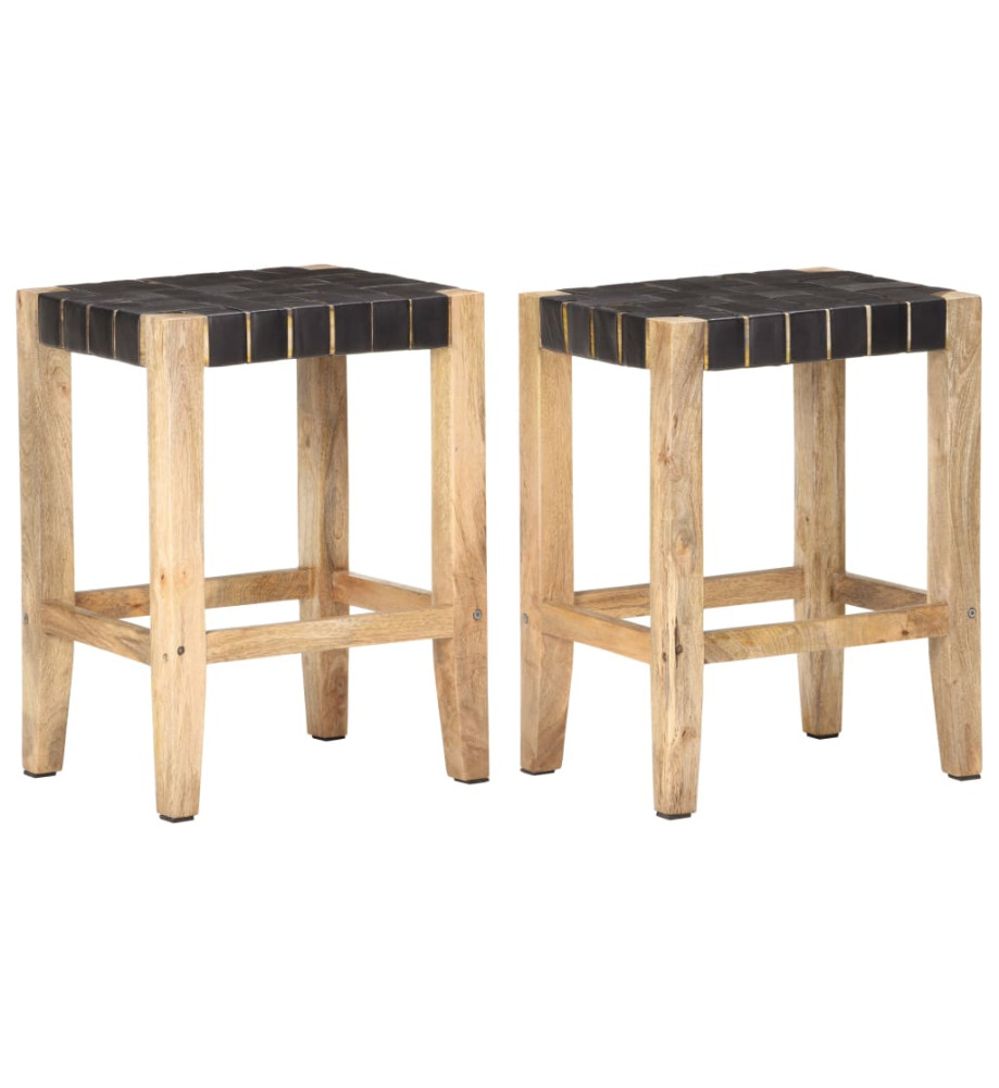 Tabourets de bar lot de 2 cuir véritable manguier 46x36x60 cm