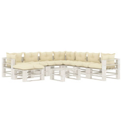 Salon palette de jardin 9 pcs avec coussins crème bois