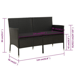Canapé de jardin 3 places avec coussin Noir Résine tressée