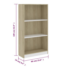 Bibliothèque 3 niveaux Blanc chêne 60x24x109 cm Bois ingénierie