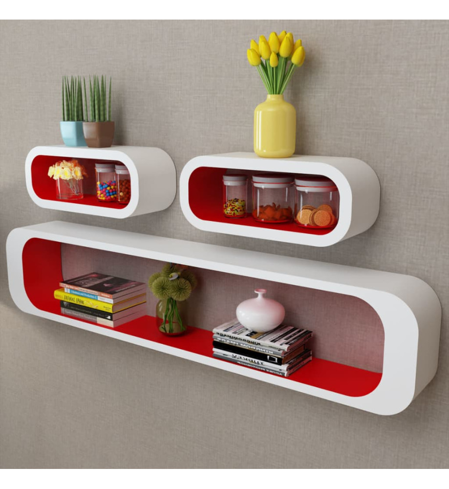 3 Etagères Cubes Suspendues MDF Stockage DVD Blanc/Rouge Rectangulaire