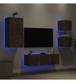 Meuble TV mural 4 pcs avec lumières LED chêne fumé