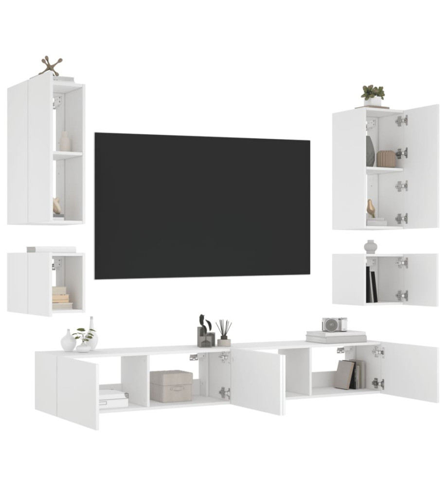 Meuble TV mural 6 pcs avec lumières LED blanc