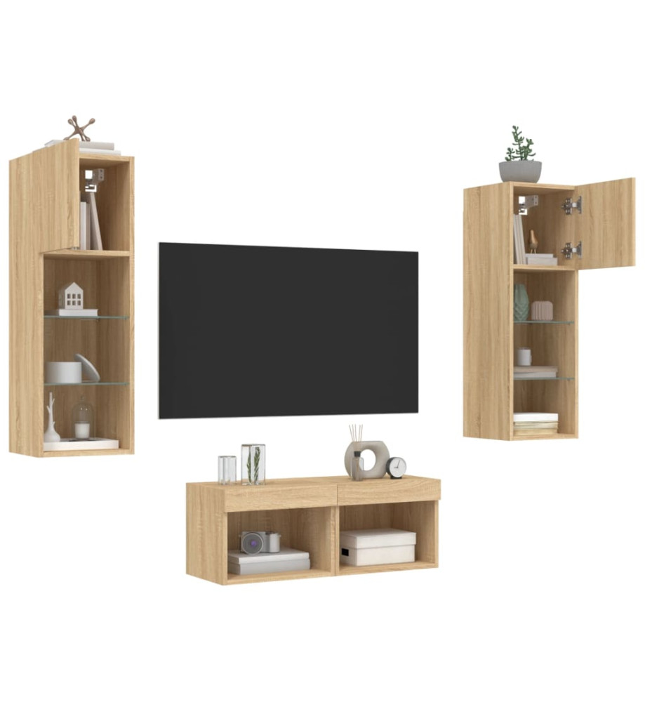 Meuble TV mural 4 pcs avec lumières LED chêne sonoma