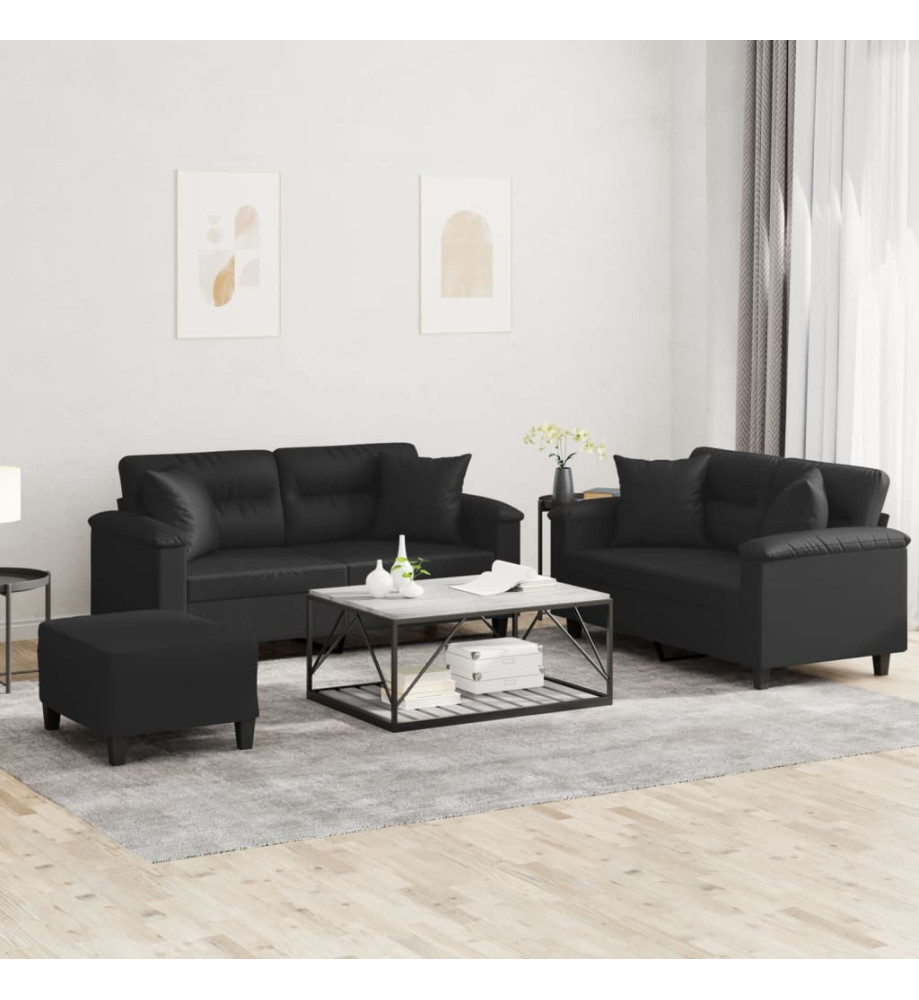 Ensemble de canapés 3 pcs avec coussins noir similicuir